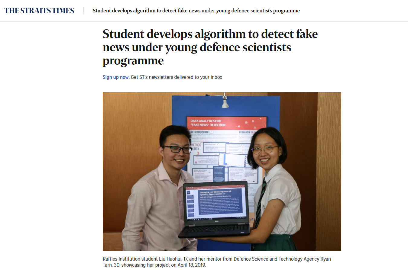 The Straits Times coverage — Student develops algorithm to detect fake news
